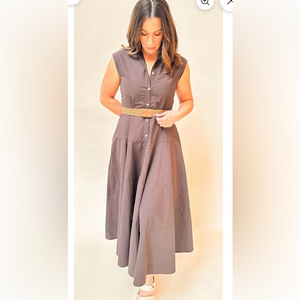 NWOT- Taylor cocoa poplin sleeveless belted midi dress - Picture 2 of 11